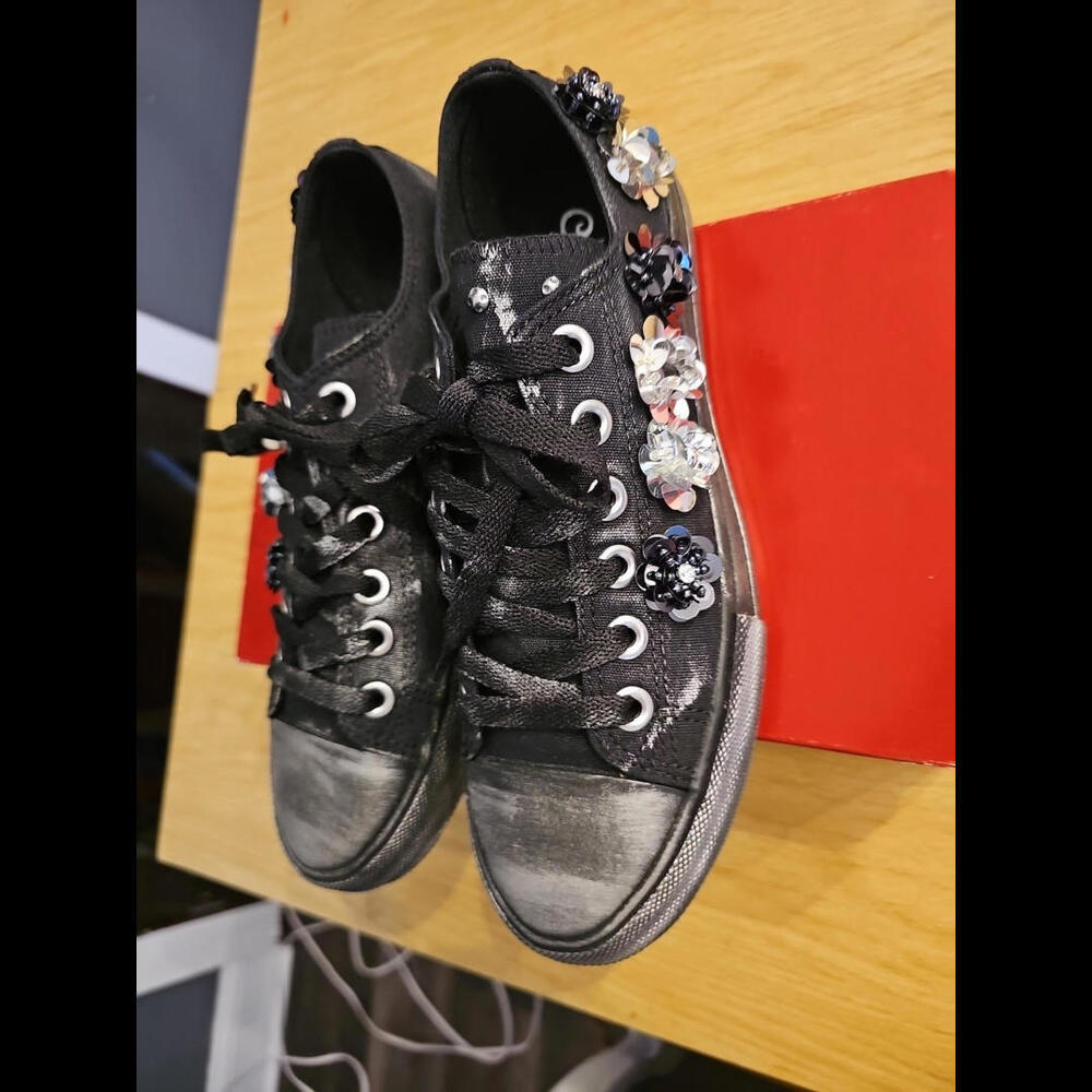 Naughty Monkey Womens Michele Size 8 Black Distressed Beaded Sequin Lace Up Flat - Picture 3 of 8
